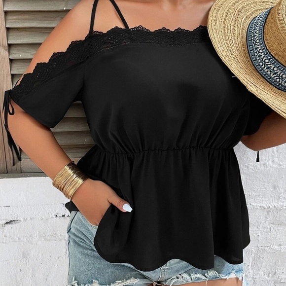 Plus Cold Shoulder Lace Blouse Navy Blue - Picture 2 of 14